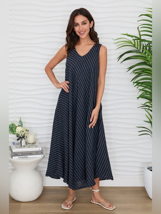 Milio Milano Dresses & Skirts - (155094R-TEXTURESTRIPE-W/N) TEXTURED STRIPE LINEN V-NECK MAXI TANK DRESS